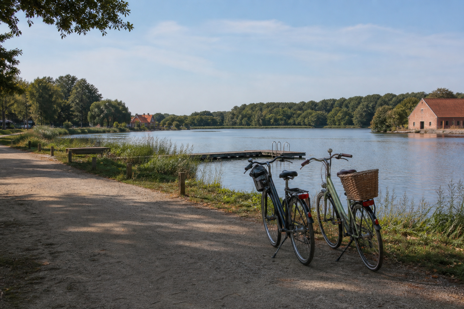 Fahrräder an einem ruhigen Uckermark-See mit Badesteg