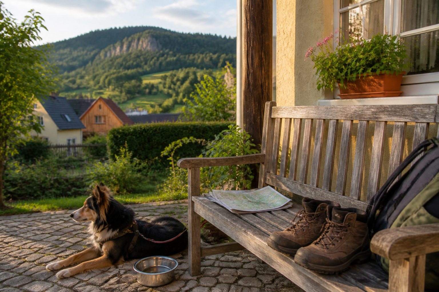 Hundefreundliche Unterkunft im Zittauer Gebirge mit Wanderkarte, Wassernapf und Blick in die Hügel