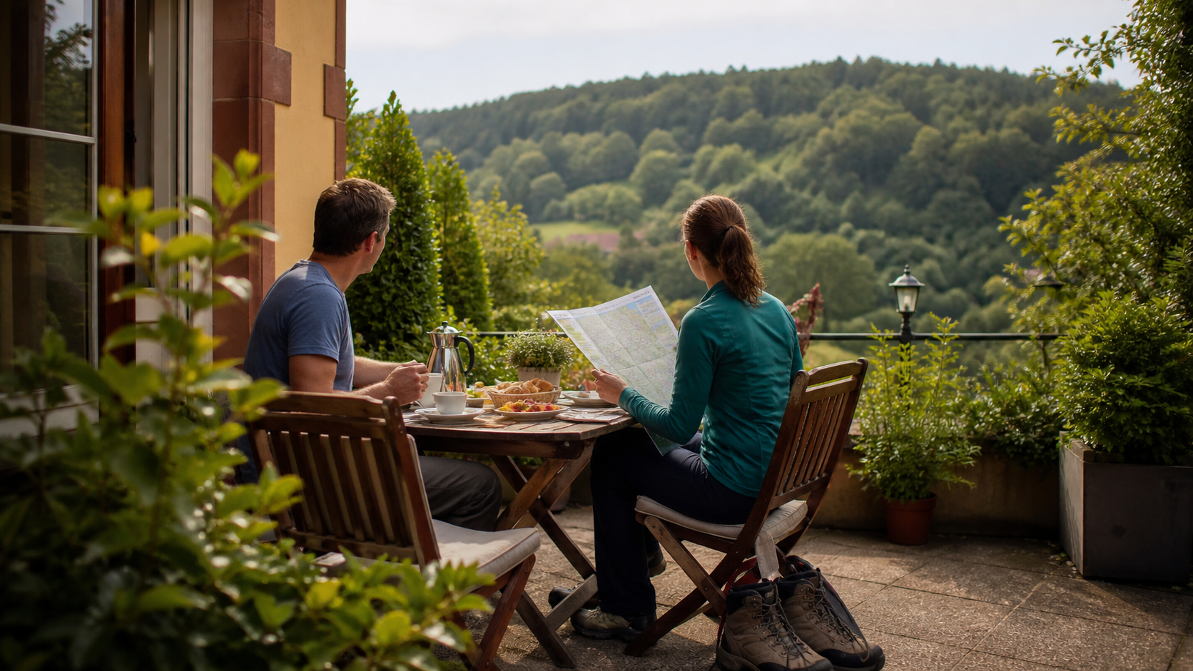 Frühstück und Wochenendplanung auf einer Terrasse im Weserbergland bei Bad Pyrmont
