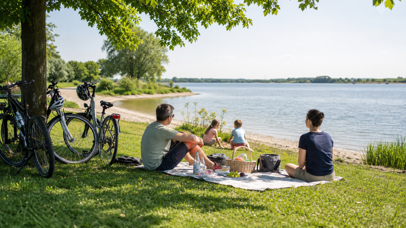 Familienpause mit Fahrrädern an der Xantener Südsee