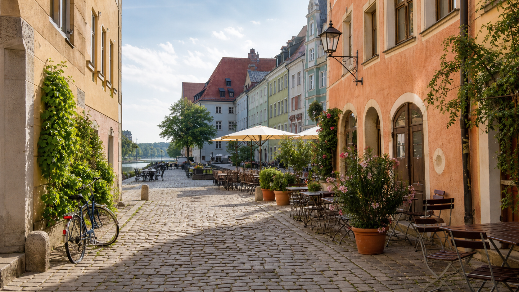 Ruhige Altstadtgasse in Regensburg mit historischen Fassaden und Cafétischen