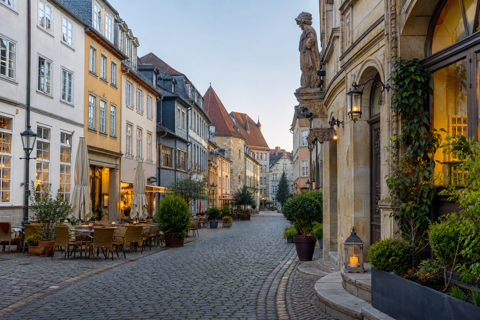 Ruhige Coburger Altstadtgasse mit historischen Fassaden und Cafétischen am Abend