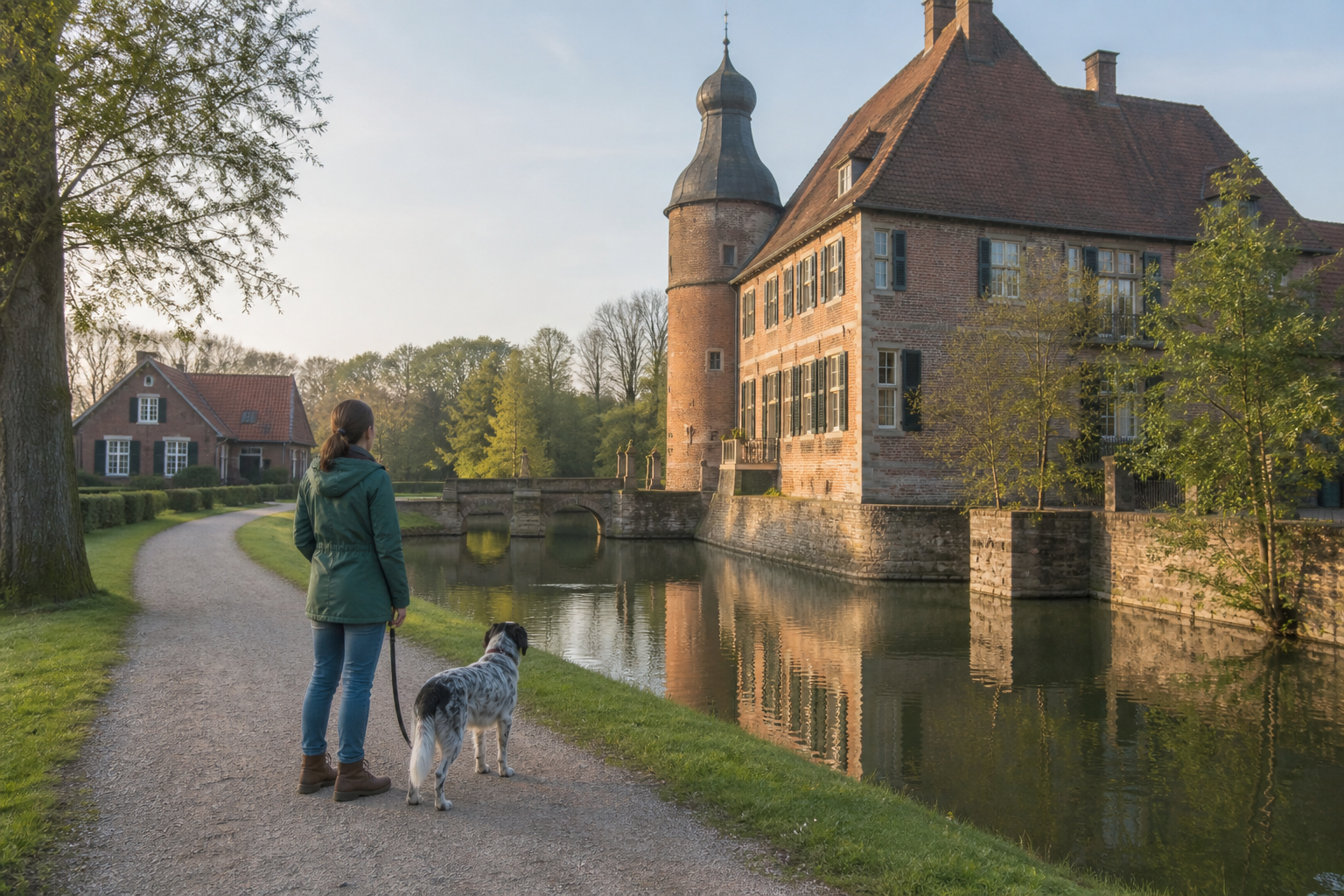 Hund an der Leine vor einer münsterländischen Wasserburg mit ruhigem Parkweg