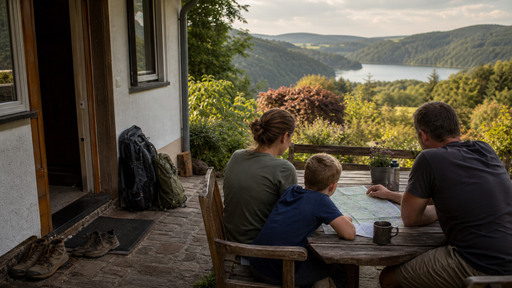 Familie plant auf einer Terrasse in der Eifel den nächsten Ausflug