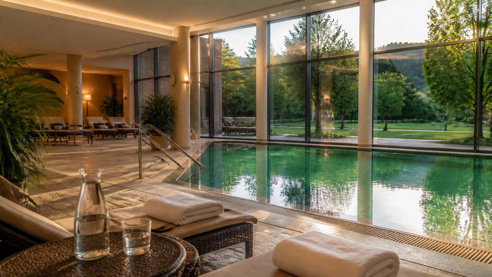 Ruhiger Wellnessbereich mit Pool und Blick ins Grüne als Inspiration für ein Wochenende in Bad Kissingen