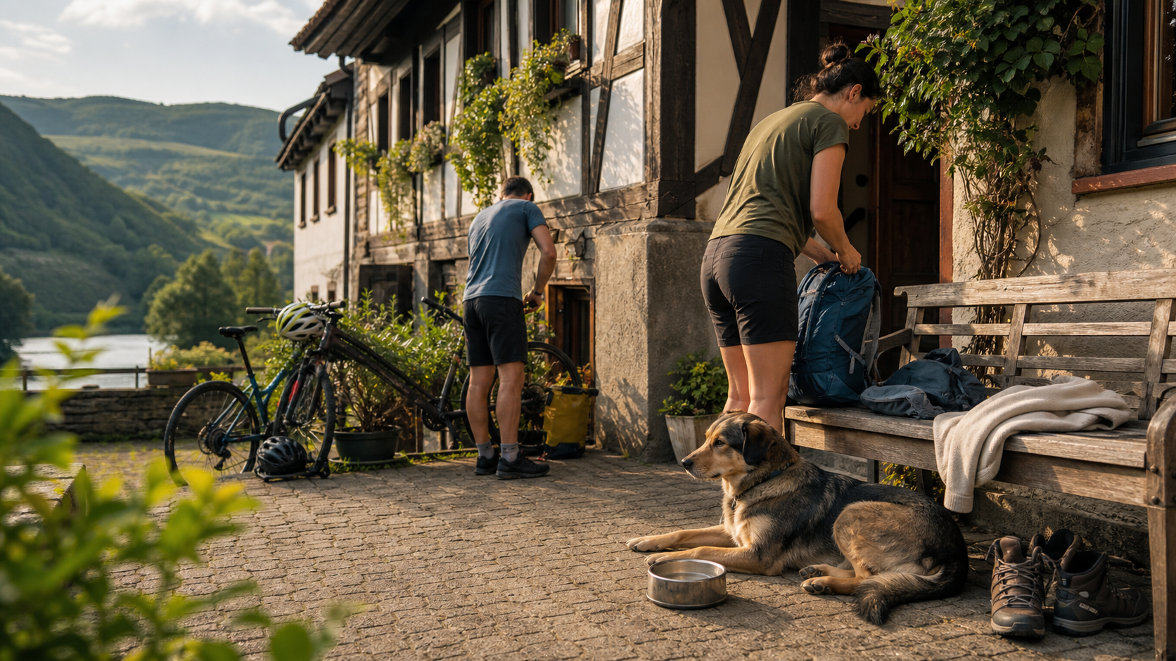 Hundefreundliche Unterkunft im Lahntal mit Hund, Fahrrädern und gepackten Tagesrucksäcken