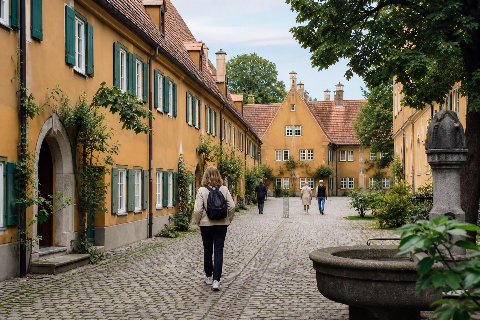 Ruhiger Innenhof der Fuggerei in Augsburg mit gelben Häusern, grünen Fensterläden und Kopfsteinpflaster
