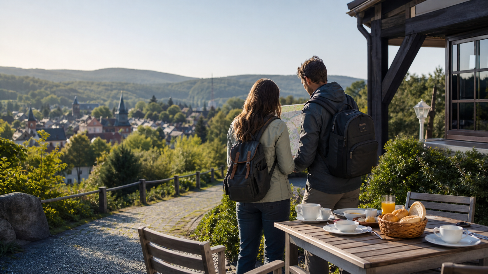 Morgenblick am Harzrand bei Goslar mit Frühstücksterrasse und Stadtblick