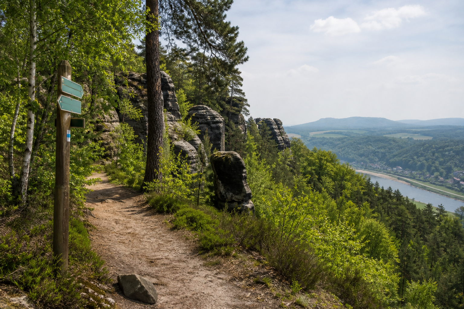 Wanderweg in der Sächsischen Schweiz mit Sandsteinfelsen und Blick ins Elbtal