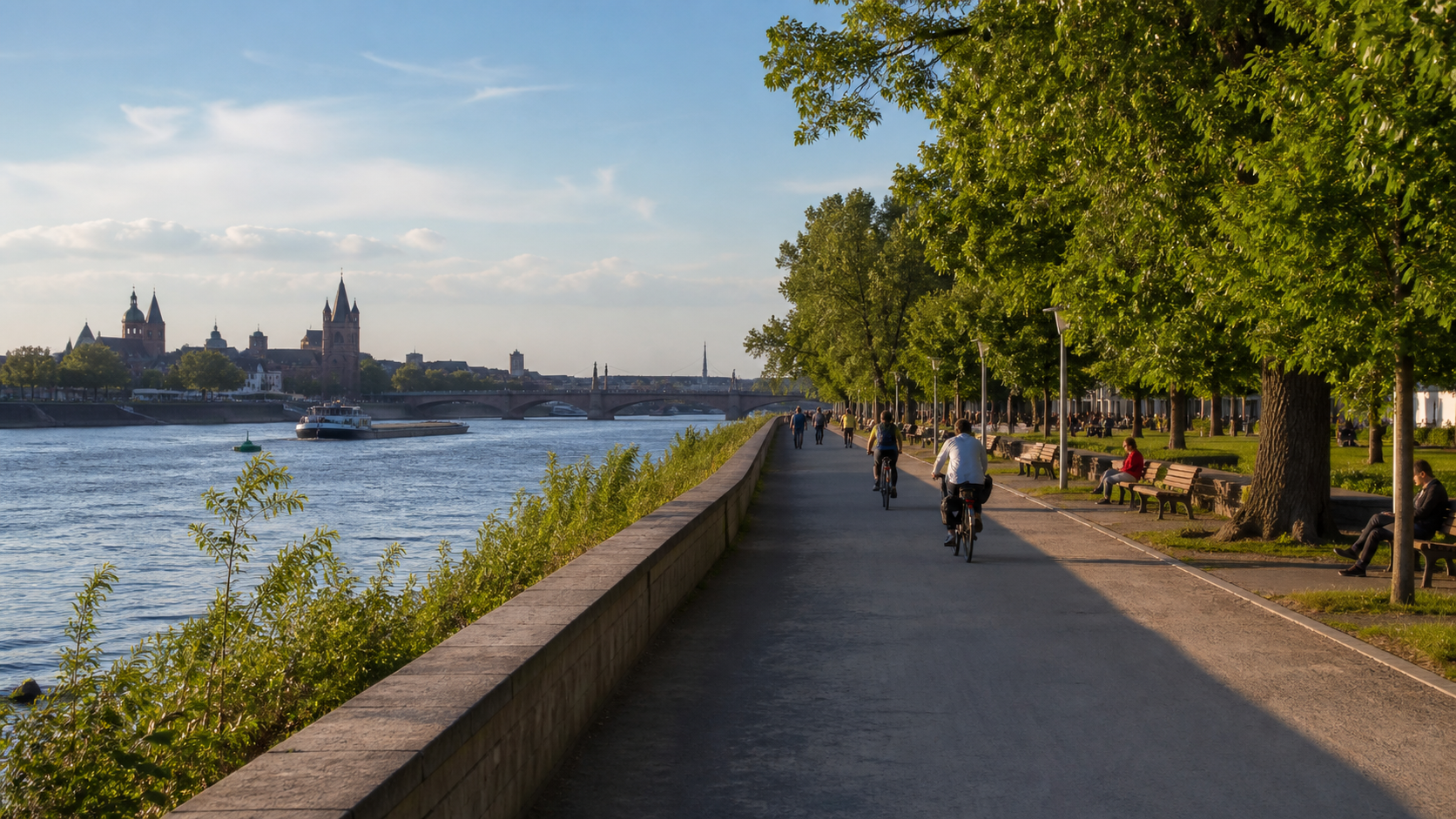 Rheinpromenade in Worms mit Radfahrern und Spaziergängern
