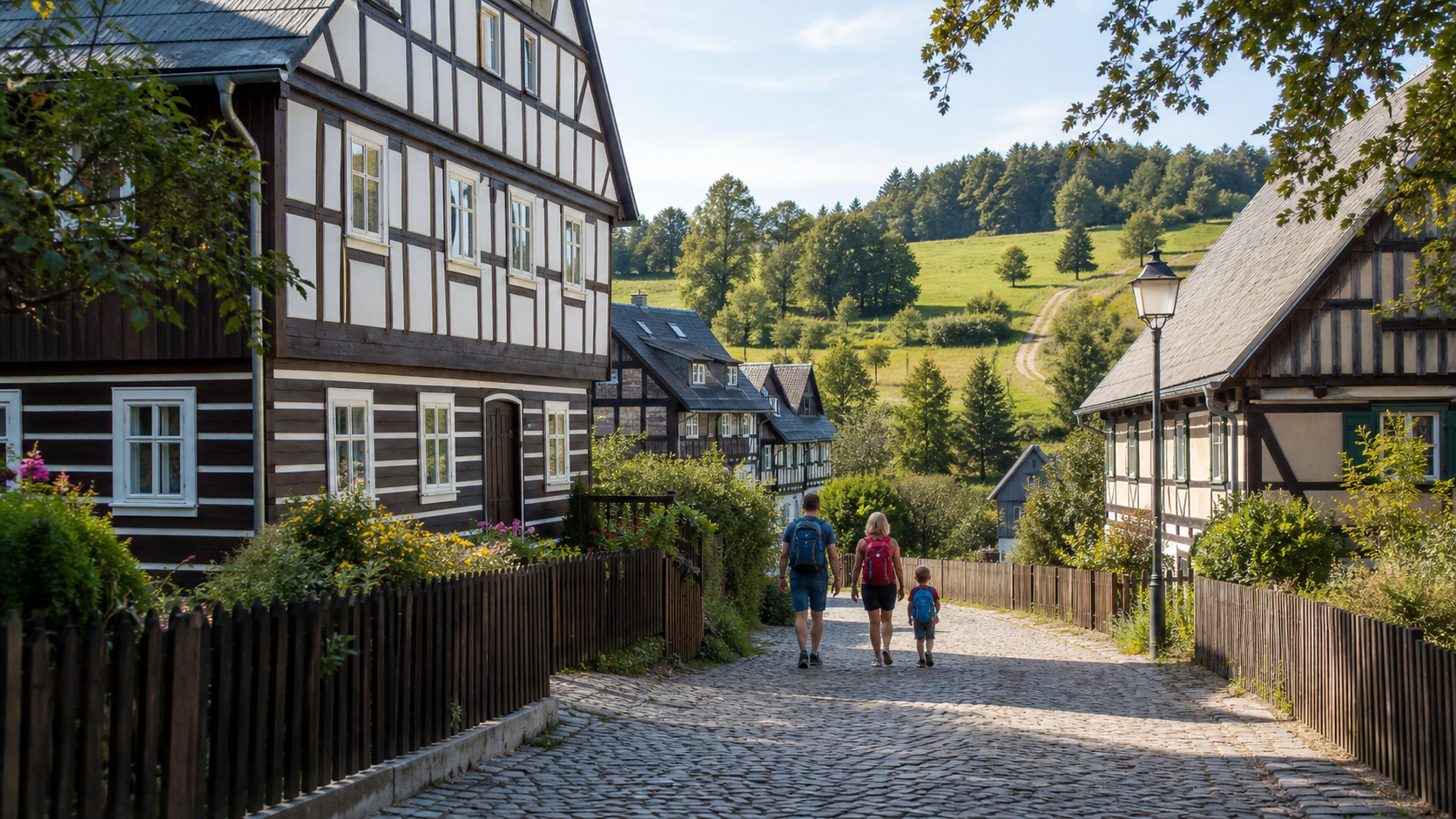 Umgebindehäuser und Spazierweg in der Oberlausitz
