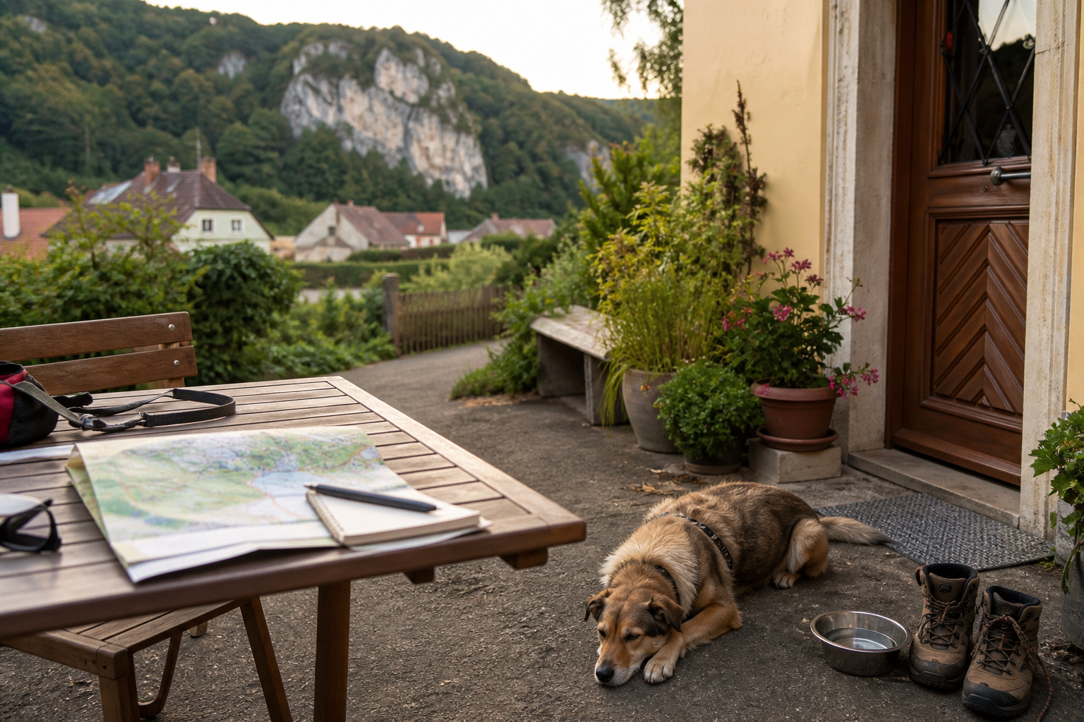 Hundefreundliche Unterkunftsszene mit Wanderkarte im Bayerischen Jura