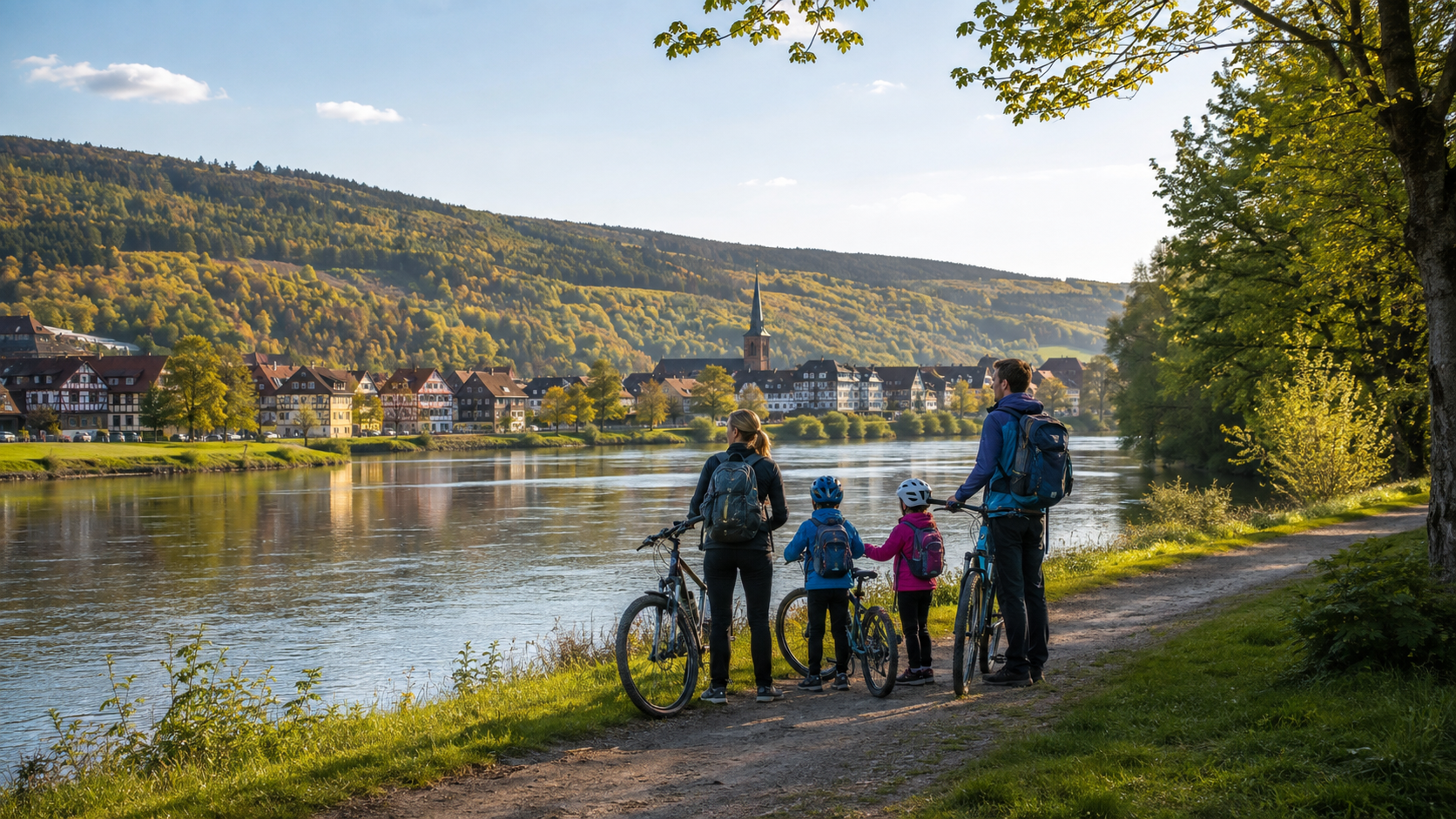 Familie mit Fahrrädern am Weserufer im Weserbergland