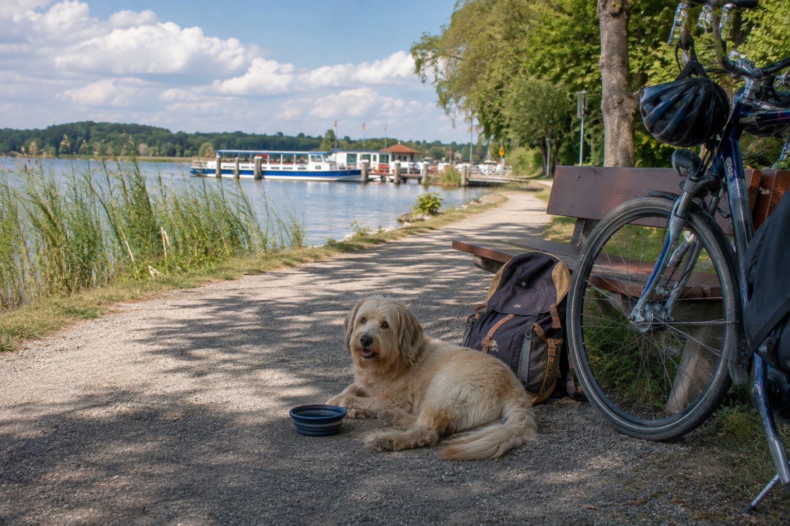 Hundepause am Uferweg der Mecklenburgischen Seenplatte mit Fahrrad, Bank und Ausflugsboot