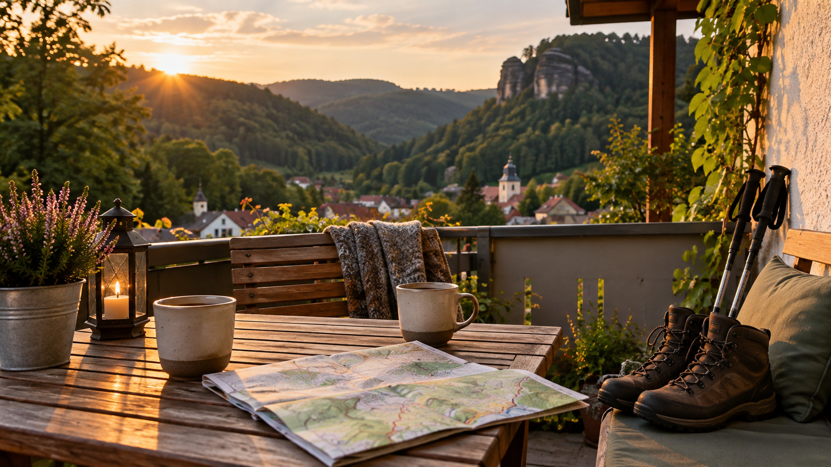 Ferienwohnung mit Terrasse, Wanderkarte und Blick in den Pfälzerwald