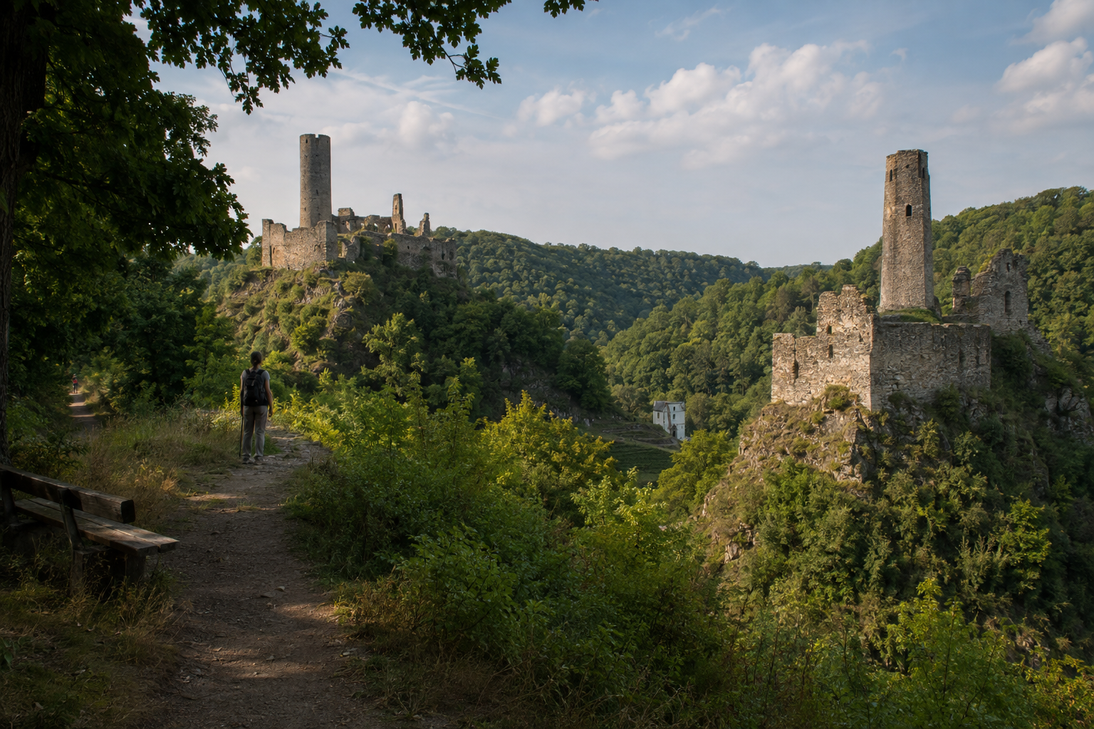 Blick auf die Manderscheider Burgen in der Vulkaneifel mit Wanderweg im Vordergrund