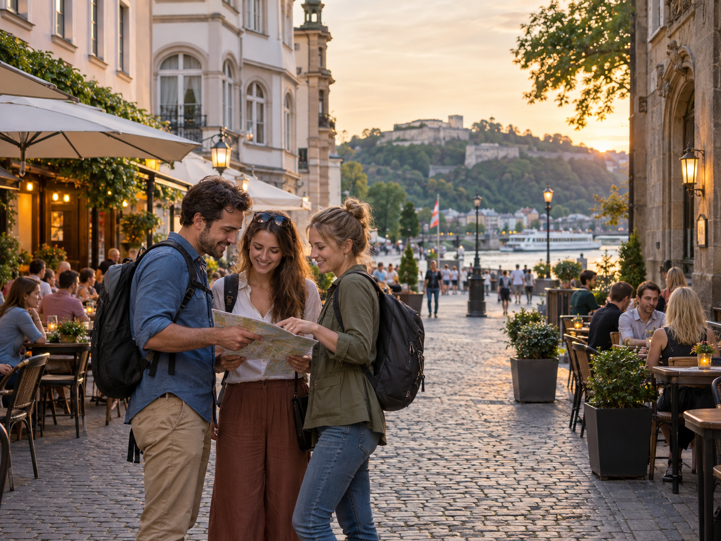 Abendlicher Stadtbummel in Koblenz mit Cafes und Rheinblick