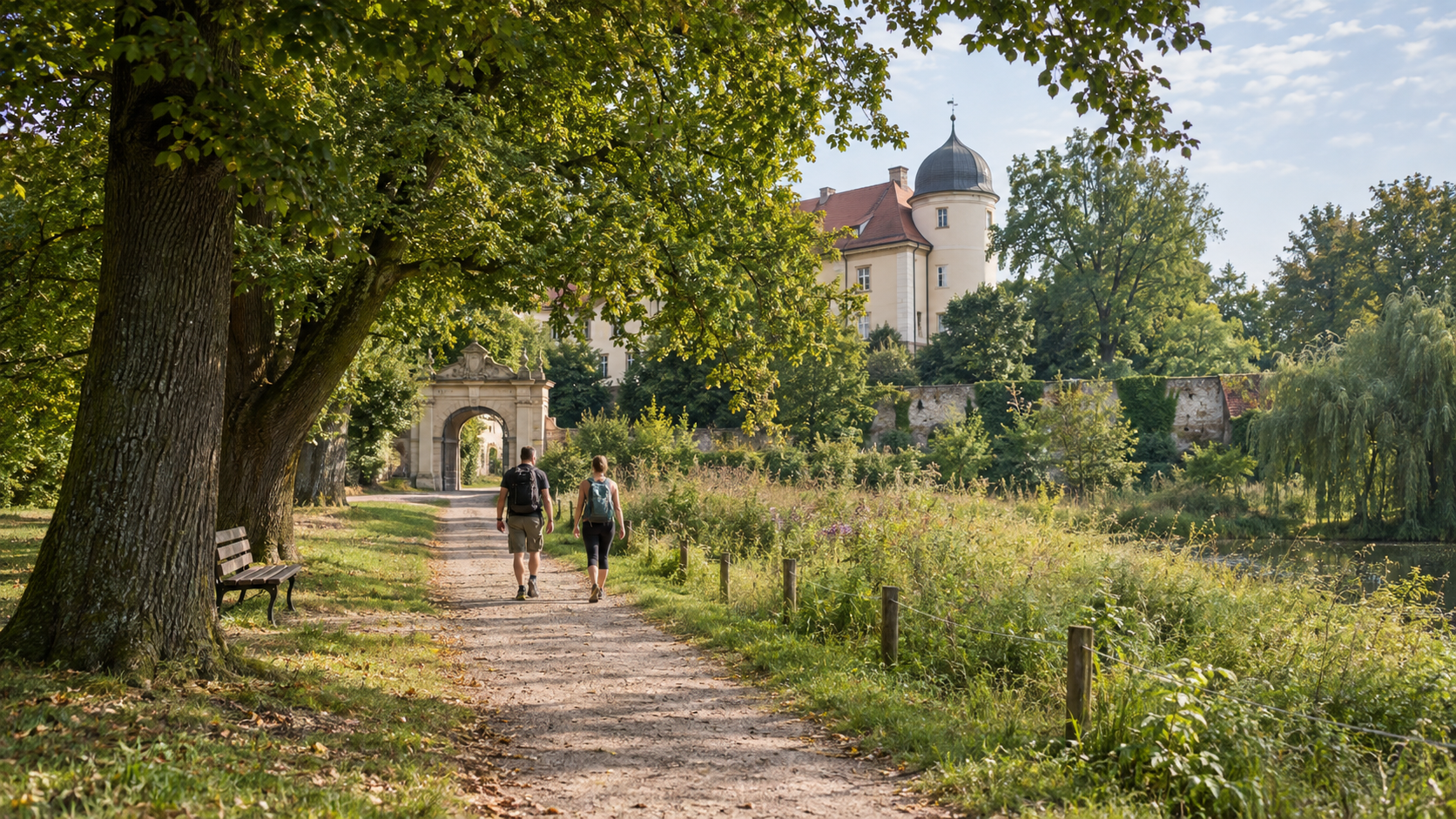 Ruhiger Spazierweg im Hohen Fläming mit Park, alten Bäumen und historischem Gebäude im Hintergrund