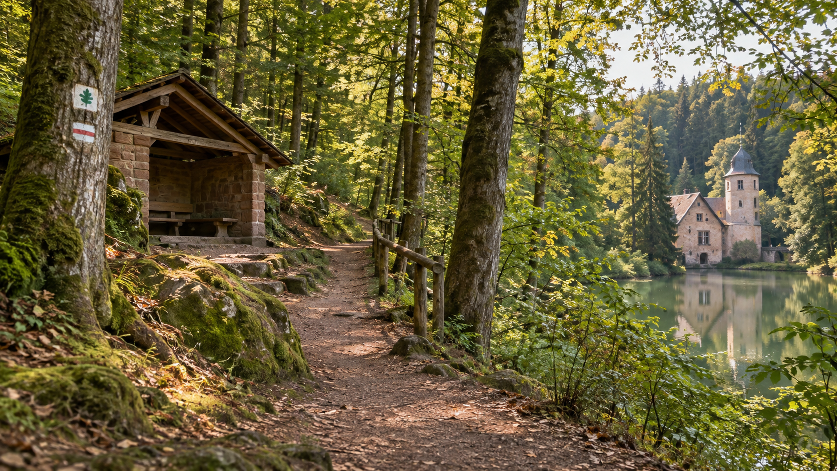 Waldweg im Spessart mit Rastplatz und ruhiger Naturkulisse