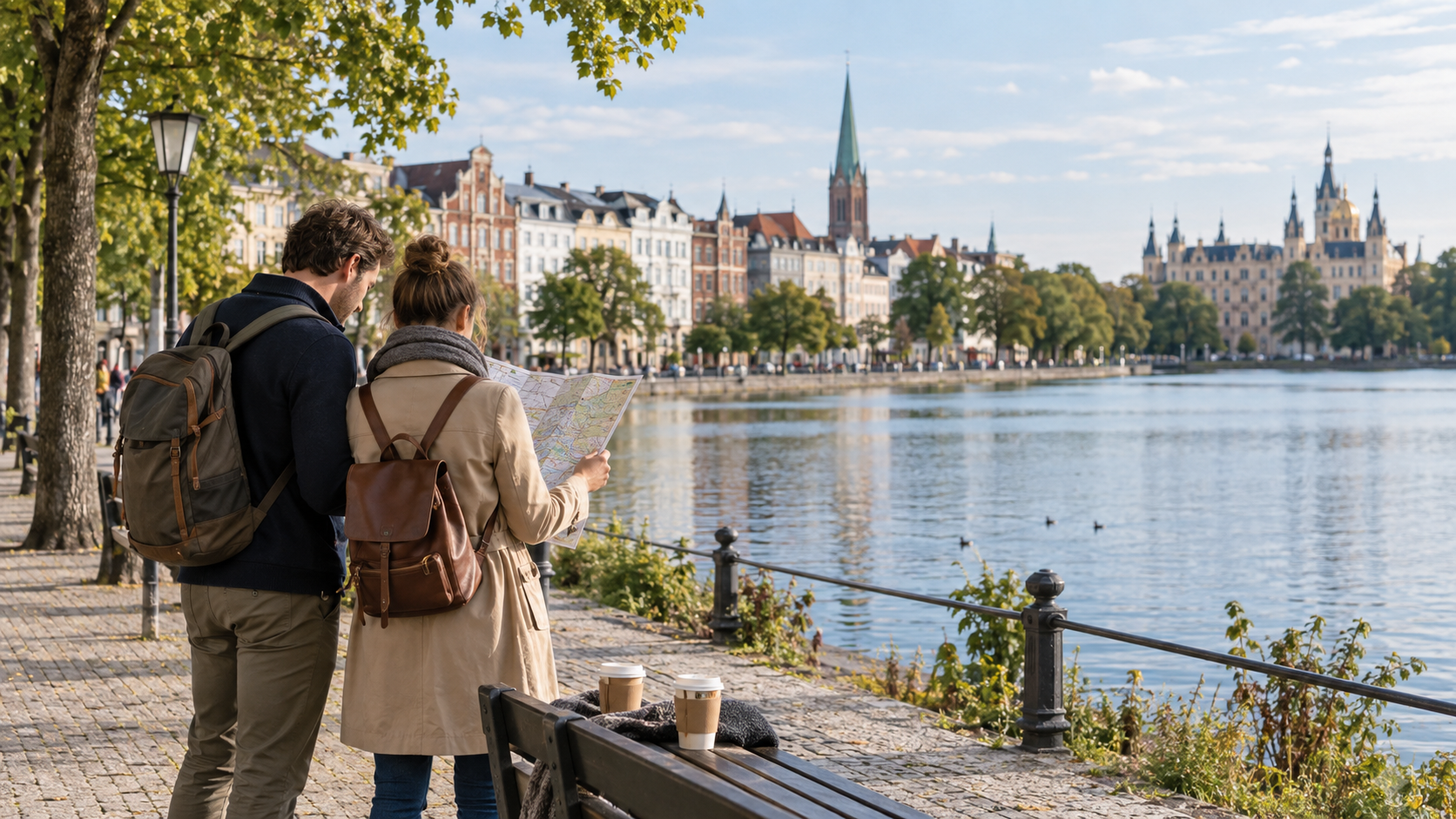 Reisende mit Stadtkarte an der Promenade des Pfaffenteichs in Schwerin