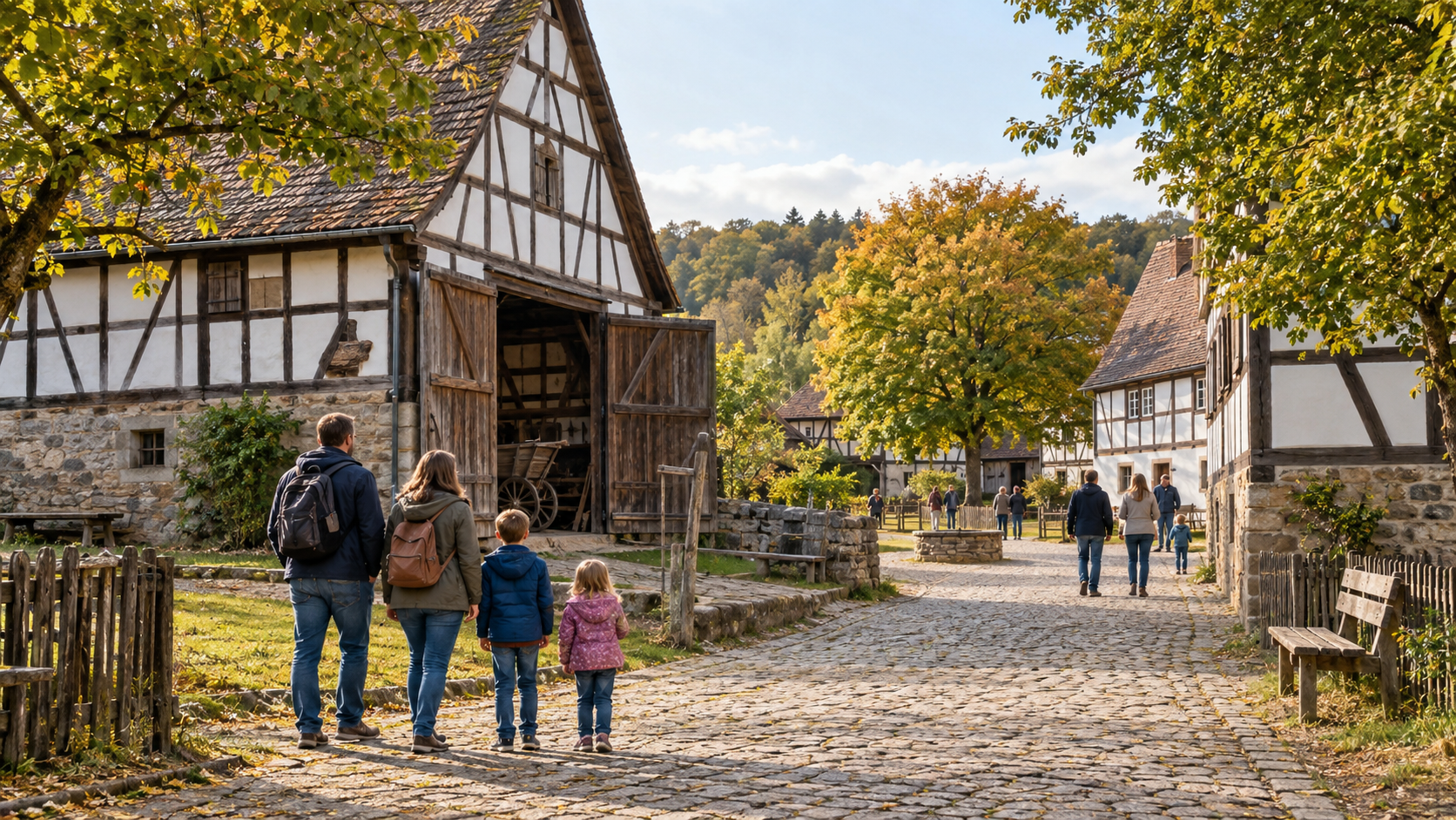 Familie zwischen Fachwerkhäusern bei einem Ausflug im Taunus