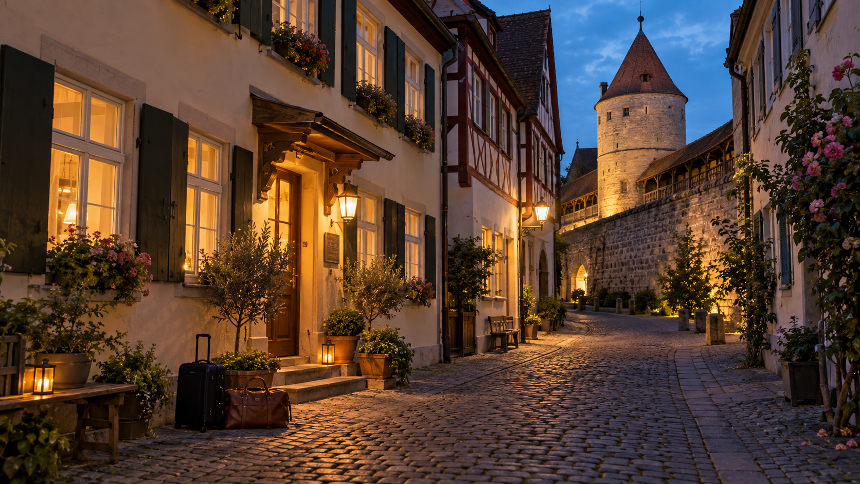 Abendliche Gasse mit kleinem Hotel an der Stadtmauer in Nördlingen