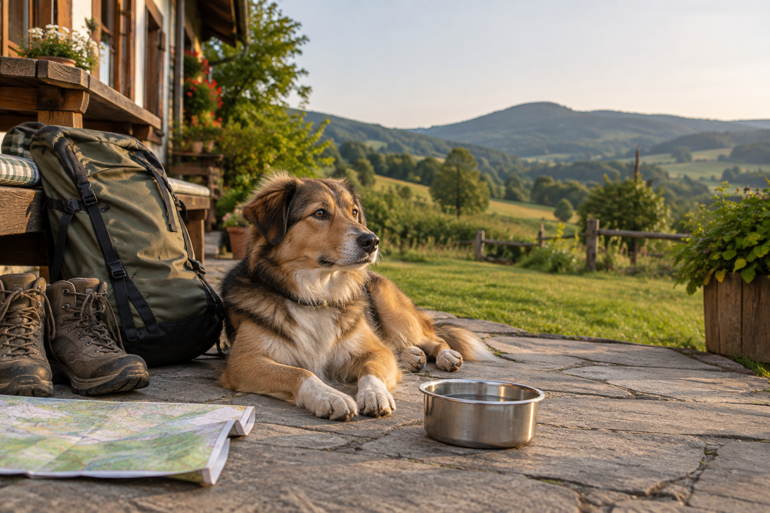 Hund vor einer hundefreundlichen Unterkunft in der Rhön mit Wanderrucksack und Wassernapf