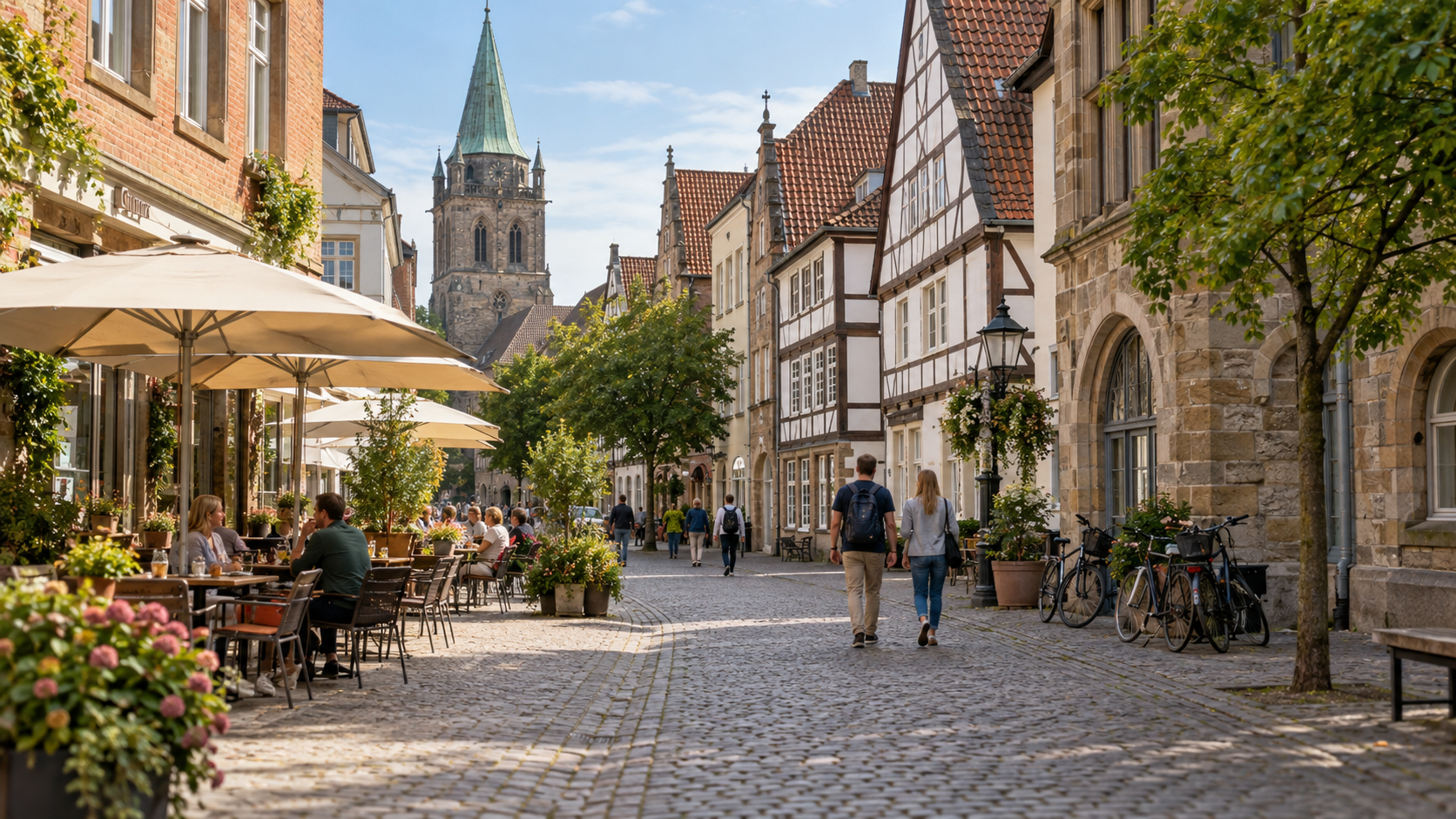 Historische Altstadtgasse in Minden mit Cafés und Wochenendstimmung