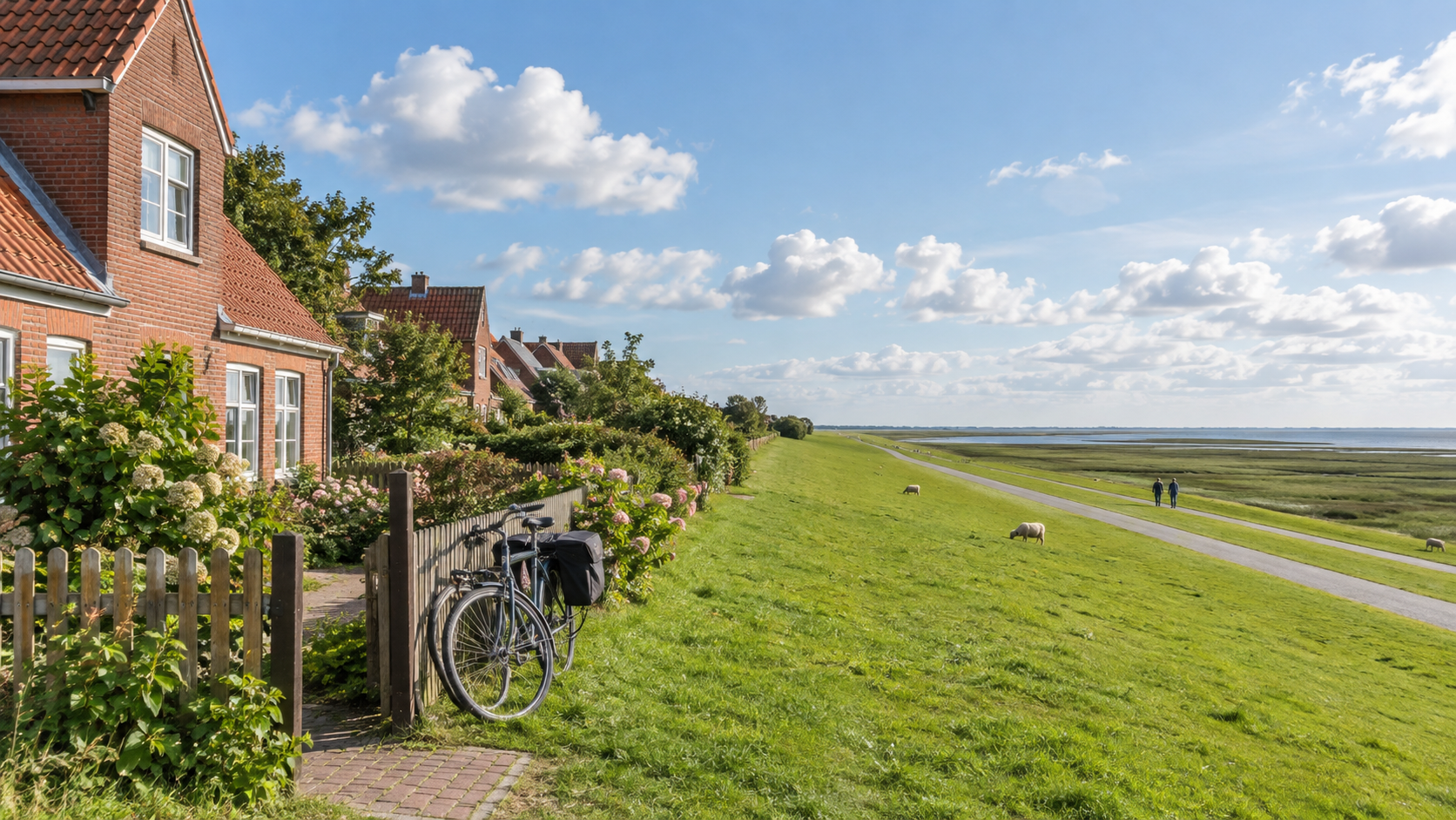 Ferienwohnung am Deich in Ostfriesland mit Fahrrädern und weitem Blick Richtung Wattenmeer