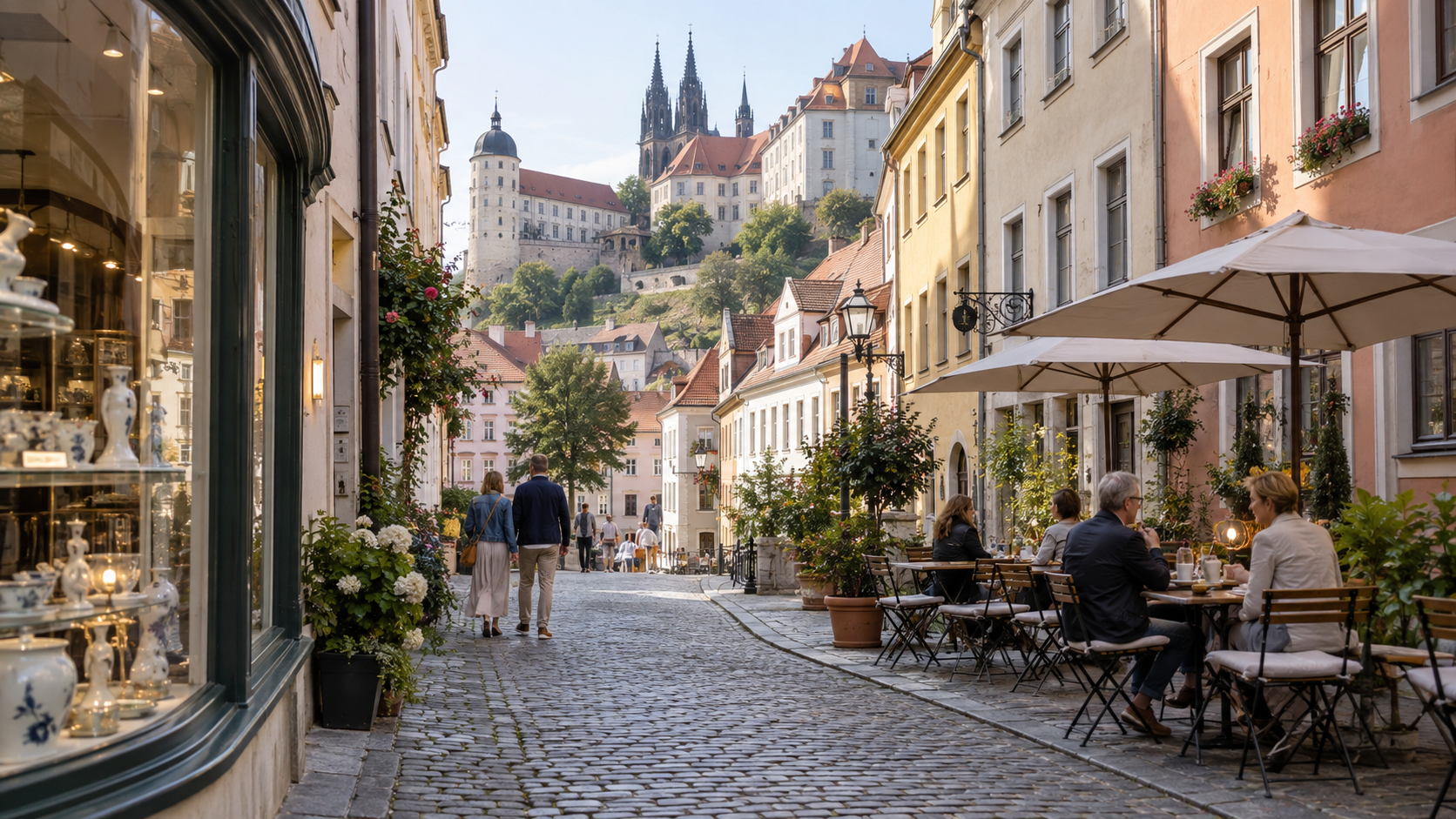 Altstadtgasse in Meißen mit Café, Porzellan-Schaufenster und Blick zum Burgberg